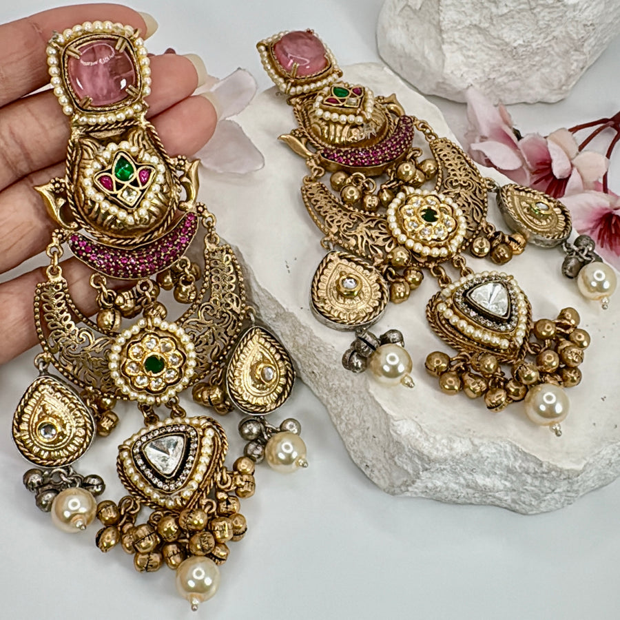 Pink Swarovski Silver Lookalike Gold Statement Earrings