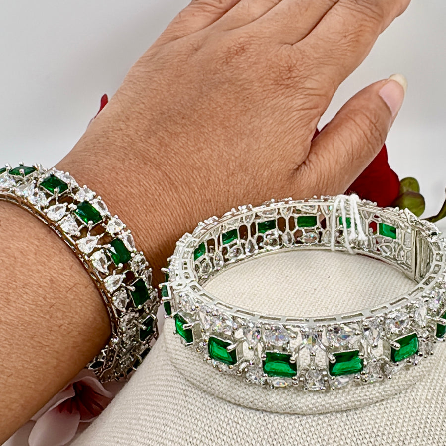 Green Silver Cubic Zirconia Openable Bangle Pair(Size 2.4)