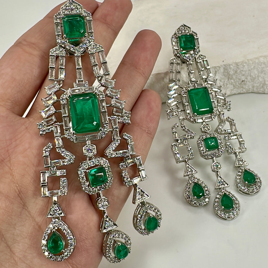 Green American Diamonds & CZ Statement Cocktail Earrings