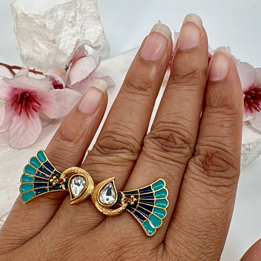 Turquoise & Blue Meenakari Adjustable Finger Ring