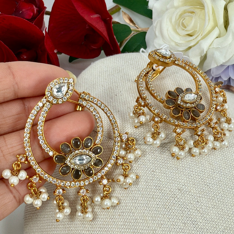 Grey Pearl Moissanite Chand Bali Earrings