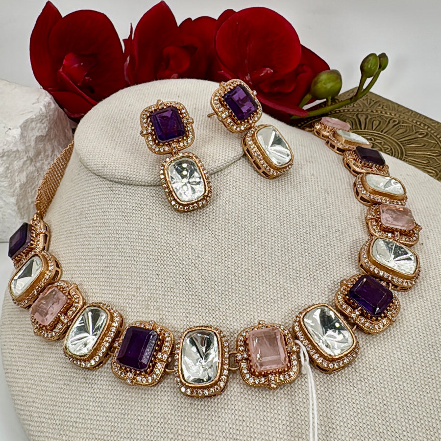 Pink Purple Moissanite One Liner NecklaceSet