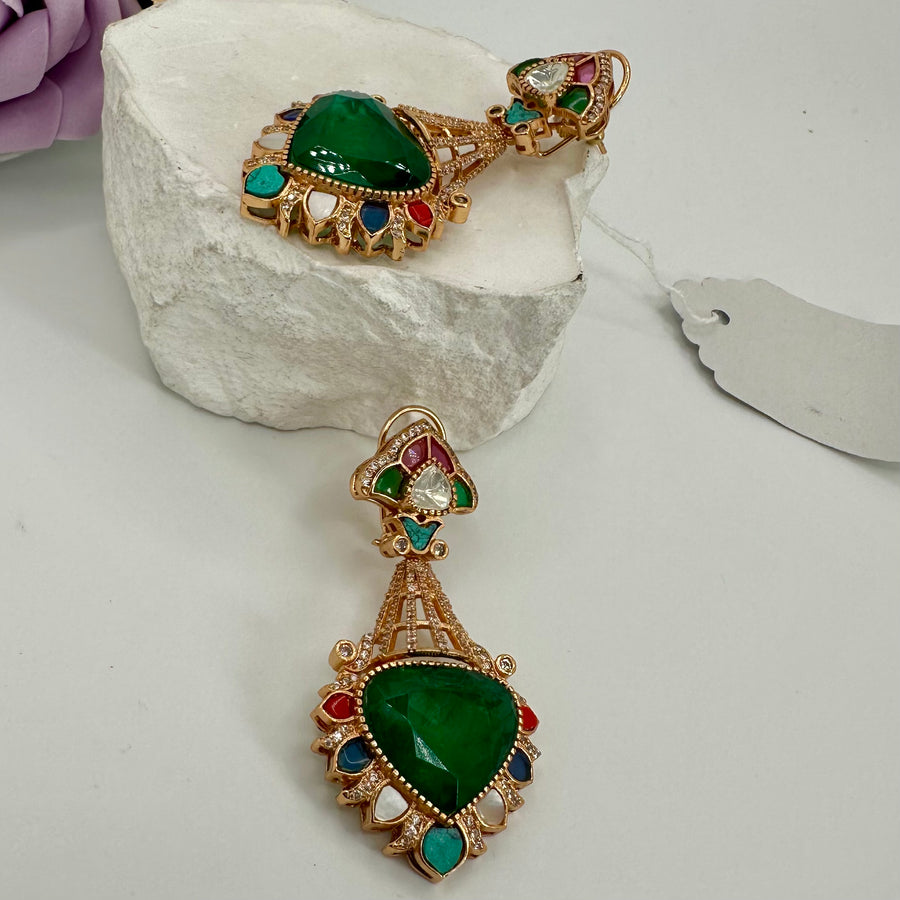 Green Doublet and Navratan Multi Jadau Earrings