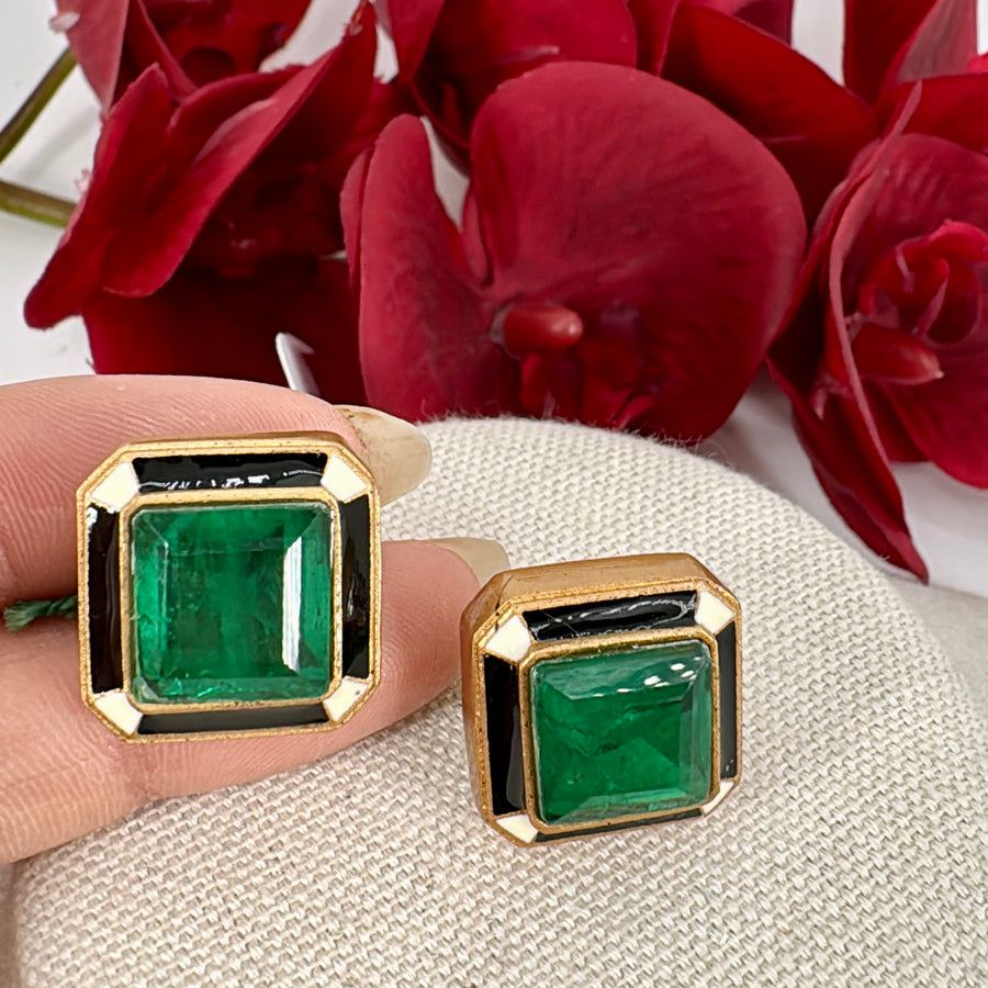 Green Doublet & Enamel Stud Earrings