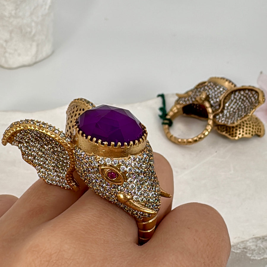 Purple Doublet & American Diamonds Non Openable Statement Finger Ring