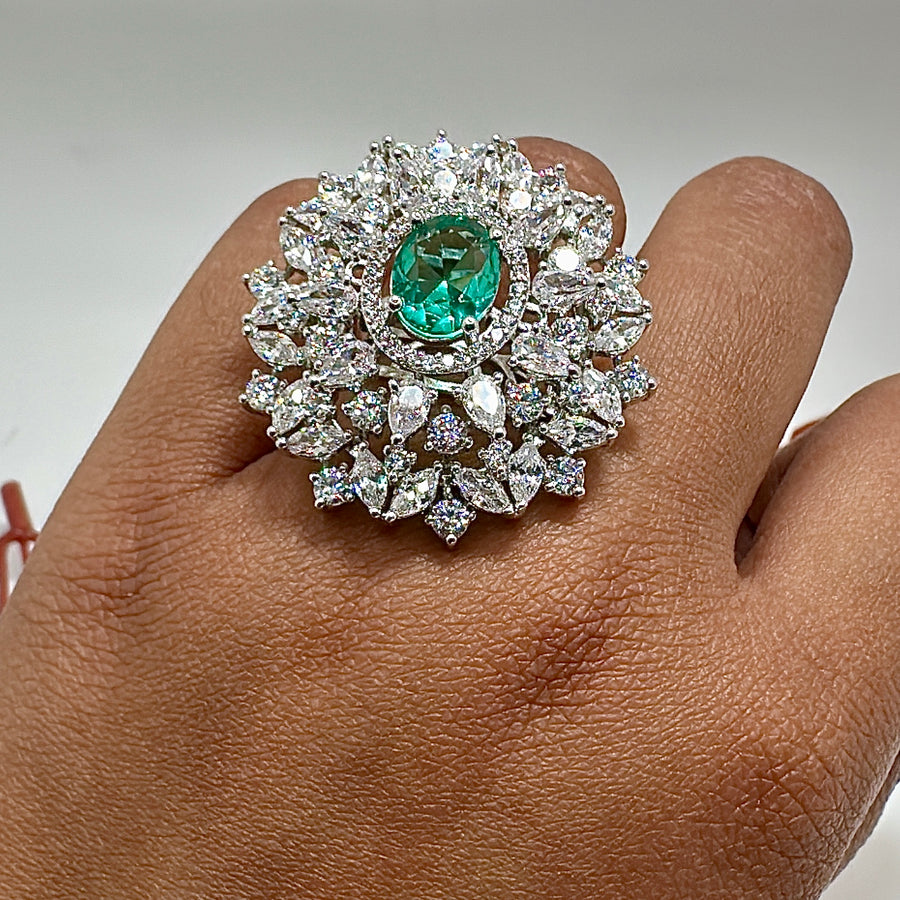 Teal American Diamonds CZ Adjustable Cocktail Finger Ring