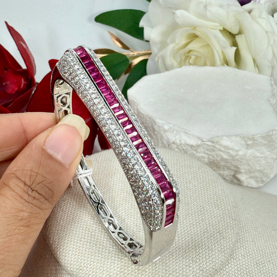 Clear Ruby Italian Silver Cubic Zirconia Openable Bangle(Fits Size 2.2 to 2.6)