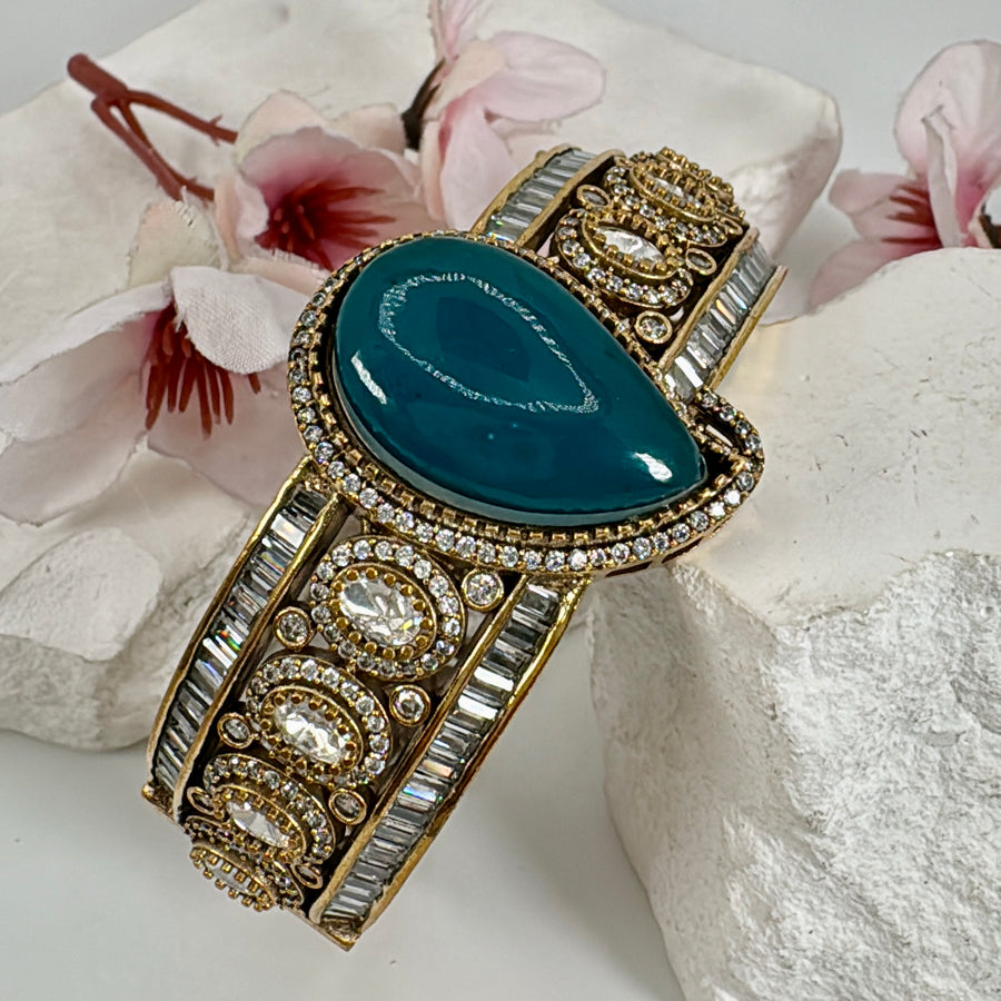 Blue Doublet Moissanite & Baguette Diamonds Openable Bangle(Fits Size 2.2-2.6)