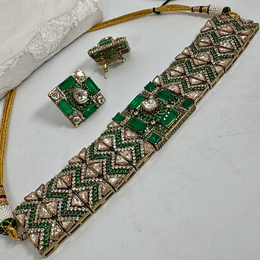 Green Doublet Moissanite Choker Necklace Set
