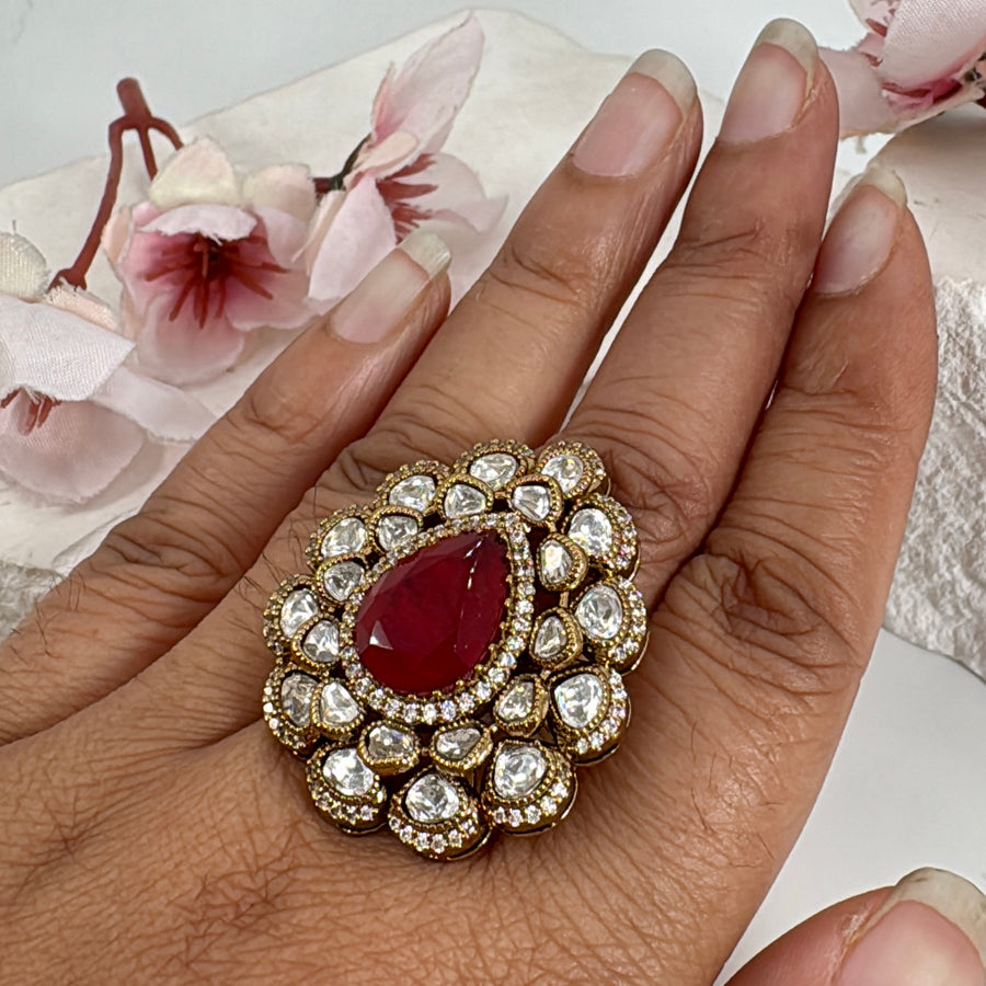 Ruby Moissanite Antique Gold Polish Adjustable Finger Ring