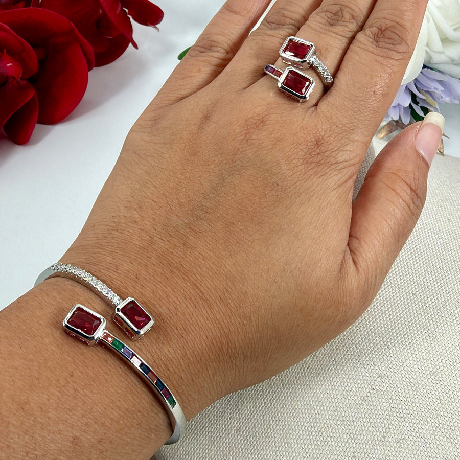 Ruby Cubic Zirconia Italian Openable Bangle(Fits Size 2.2-2.6)& Adjustable Finger Ring Combo