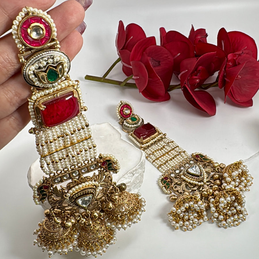 Red Multi Pearls Statement Jhumka Chand Bali Earrings (Approx. Length 6 inches)