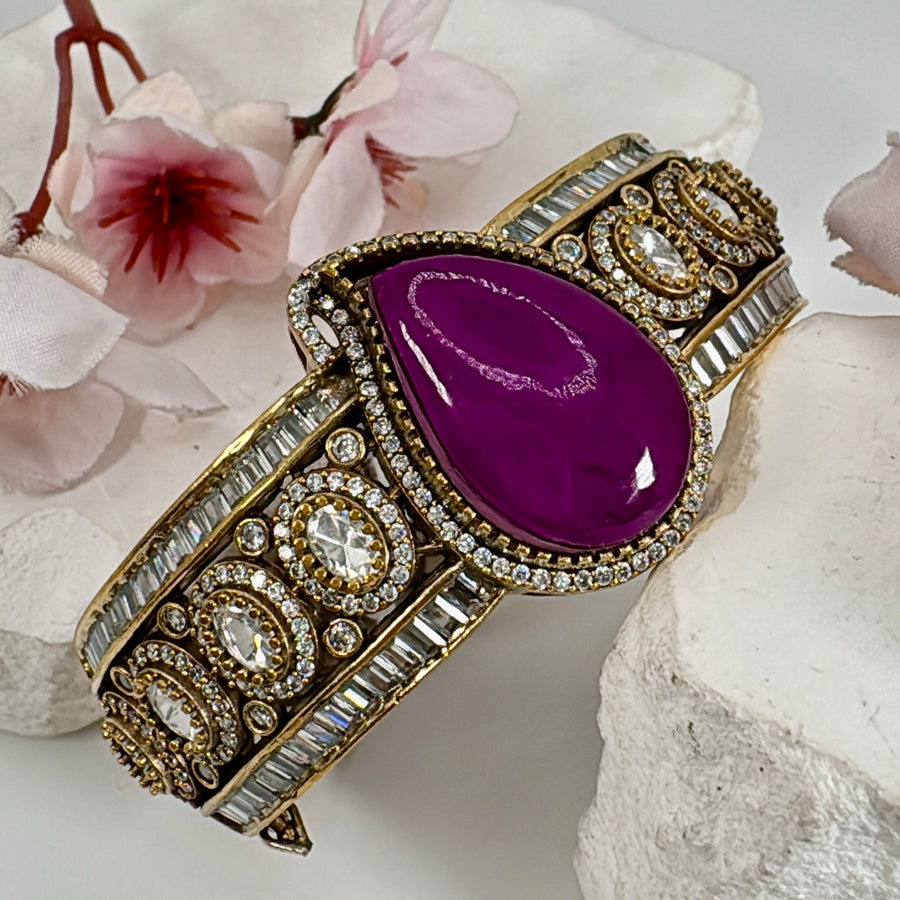 Purple Doublet Moissanite & Baguette Diamonds Openable Bangle(Fits Size 2.2-2.6)