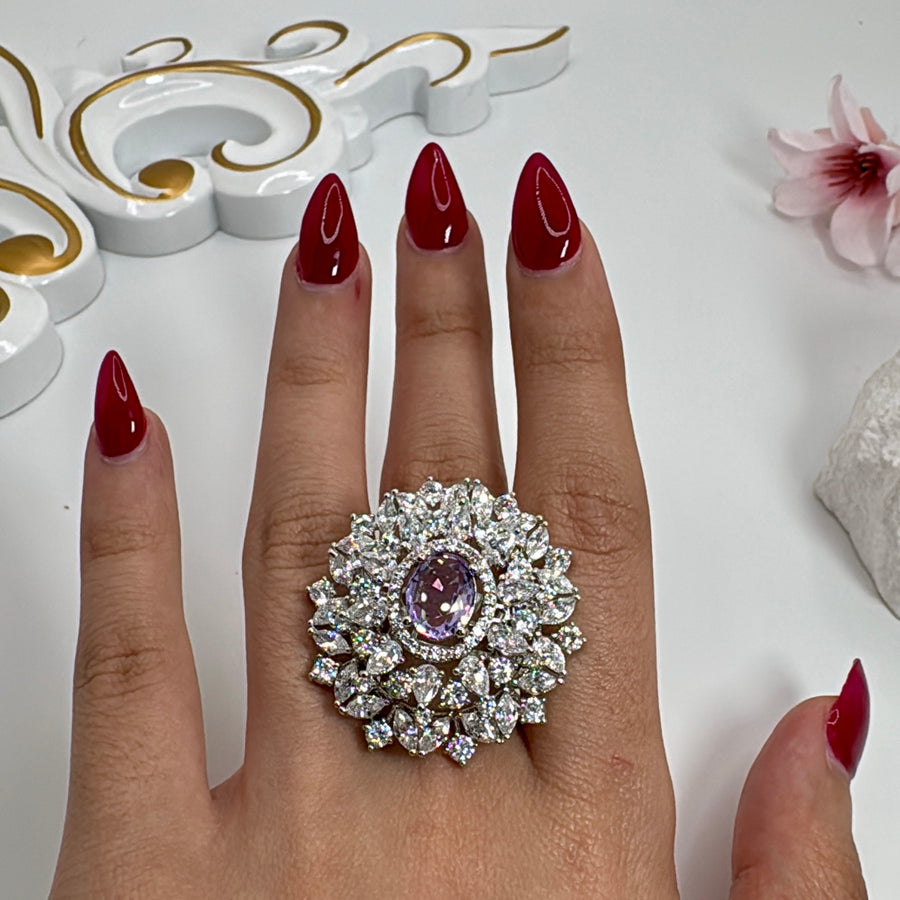 Lilac Purple American Diamonds CZ Adjustable Cocktail Finger Ring