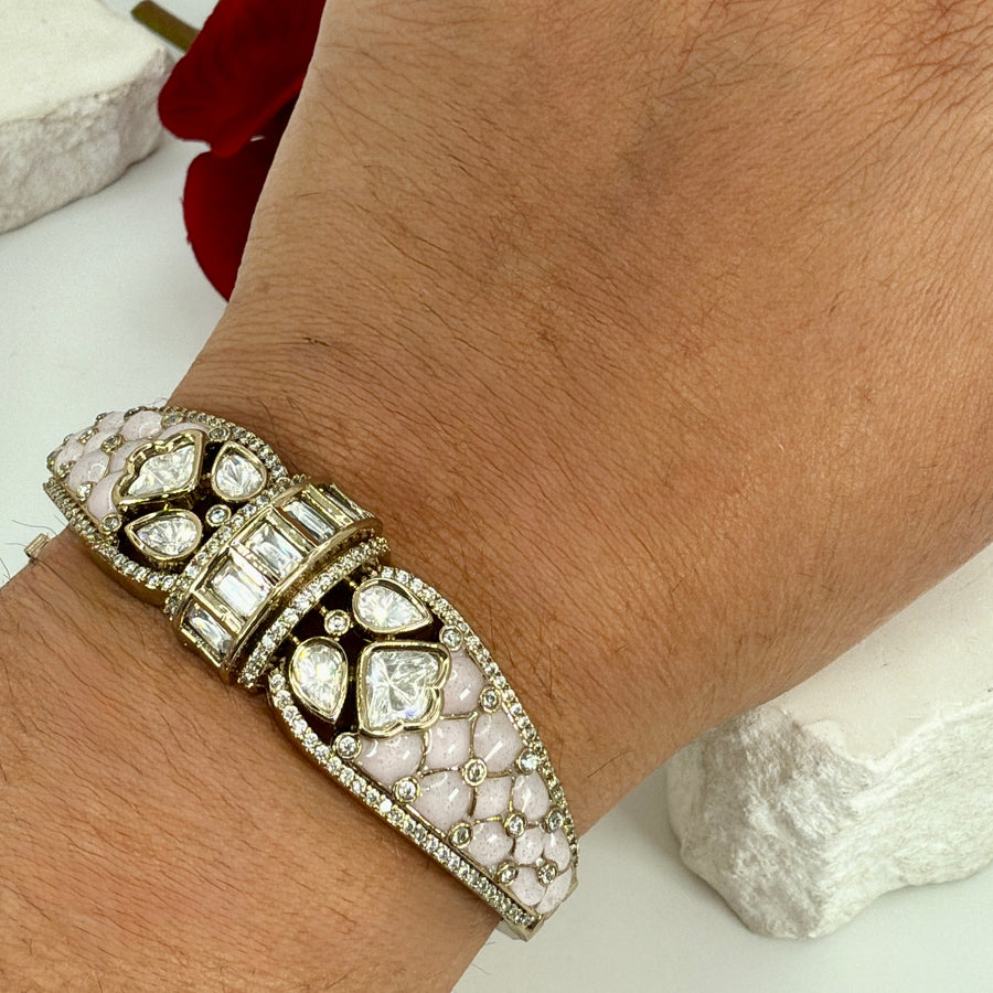 Pink Meenakari Moissanite Jadau Openable Bangle(Fits Size 2.2-2.6)