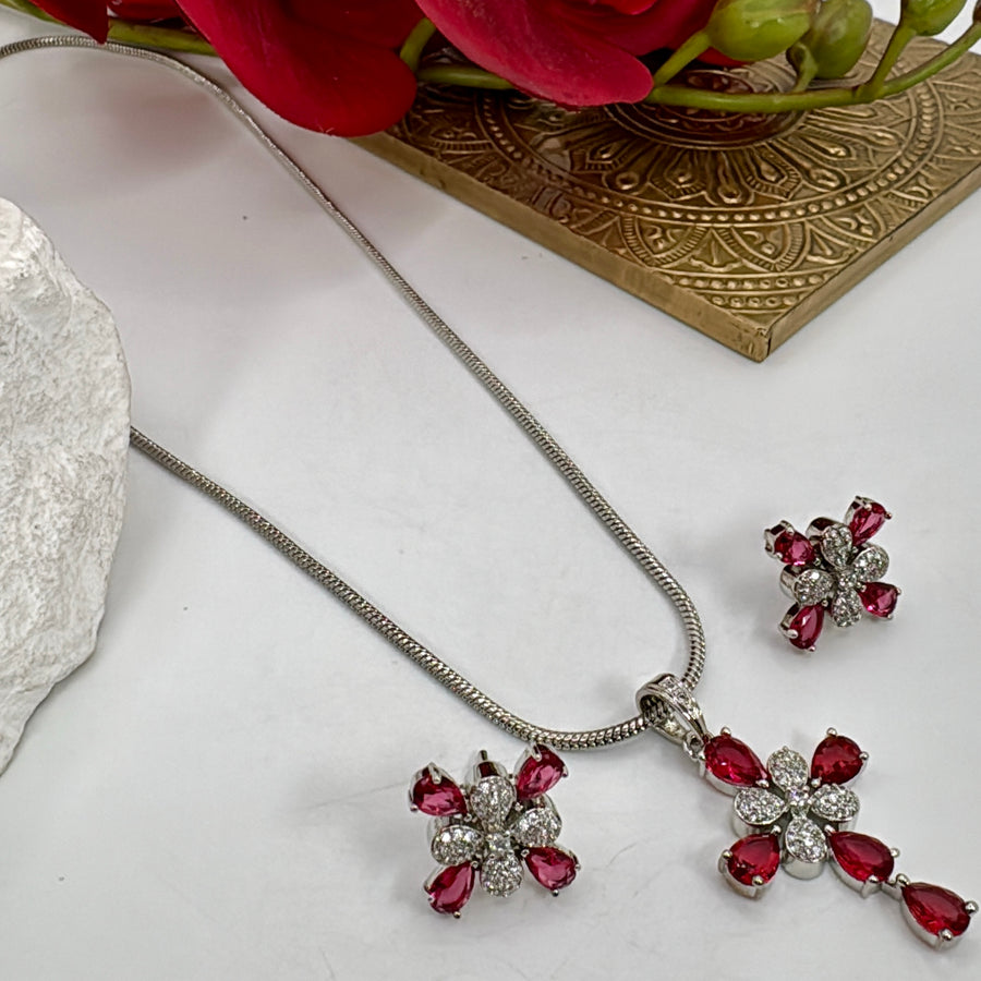 Red AAA Cut Cubic Zirconia Rhodium Plated Pendant Necklace Set