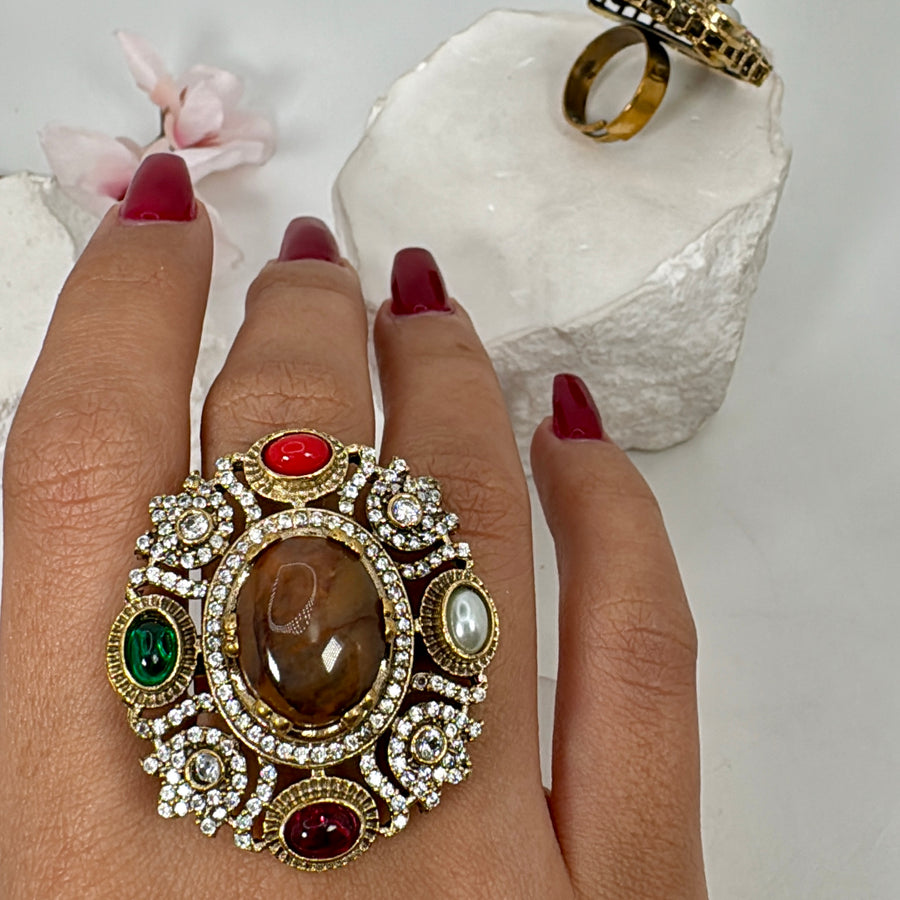 Dark Peach Multi Marble Doublet Sabya Inspired Adjustable Finger Ring