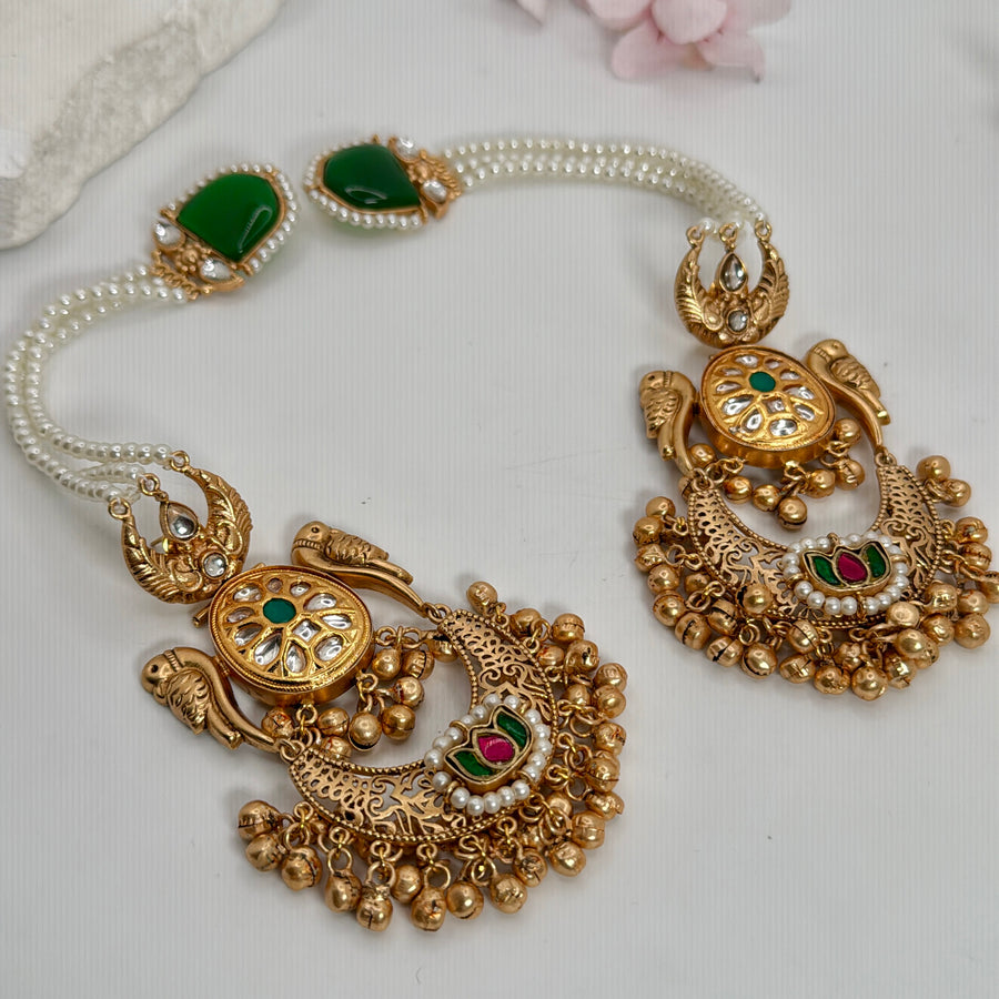 Green Silver Lookalike Gold with Pear Earchain Chand Bali Earrings