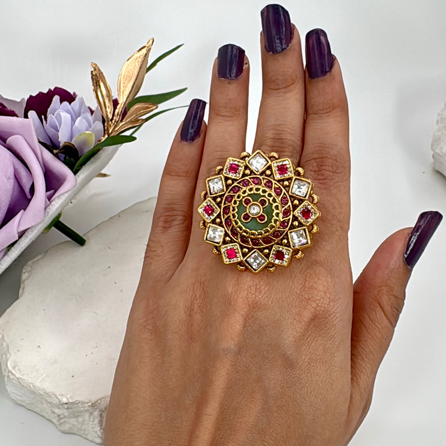 Ruby Mint Antique Gold Statement Adjustable Finger Ring