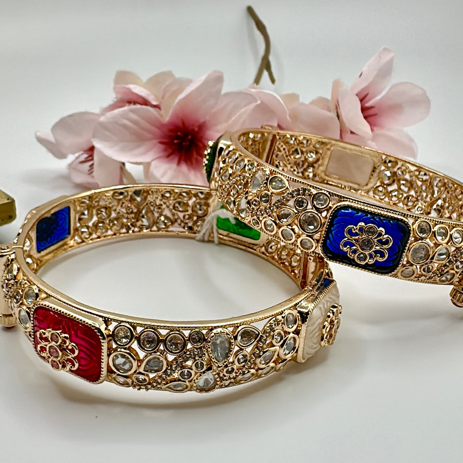 Multi Amrapali Stone Premium Kundan Polki & Openable Bangle Pair( Size 2.6)