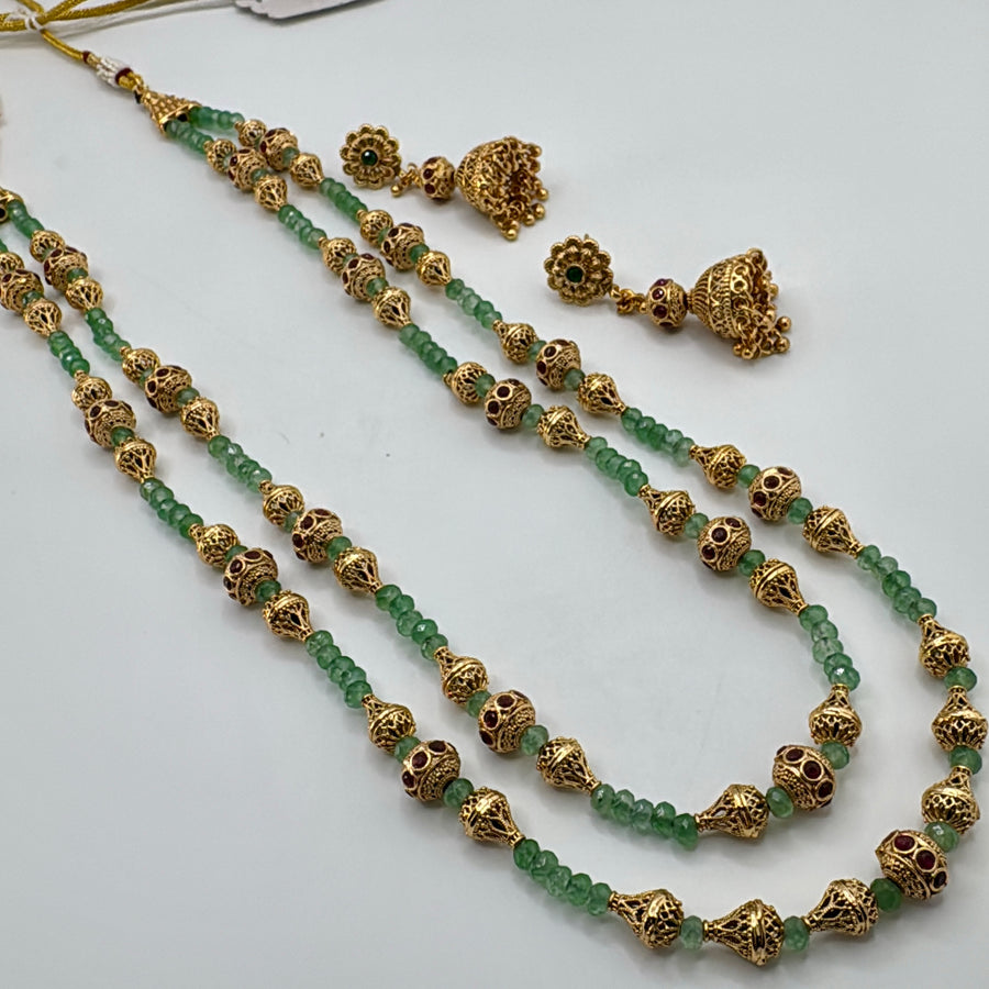 Mint Green & Gold Beads Two Layers Matar Mala Necklace Set