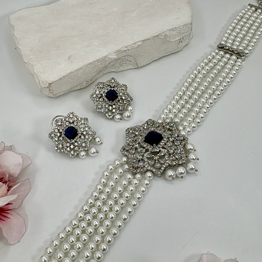 Blue American Diamonds Cubic Zirconia Choker Necklace Set