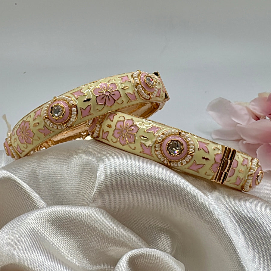 Ivory & Pink Meenakari & Kundan Openable Bangle Pair(Size 2.6)