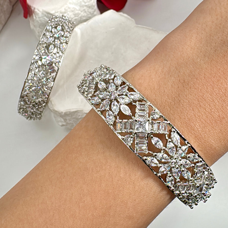 Clear Cubic Zirconia Baguette Diamonds Rhodium Plated Non Openable Bangle Pair( Size 2.6)