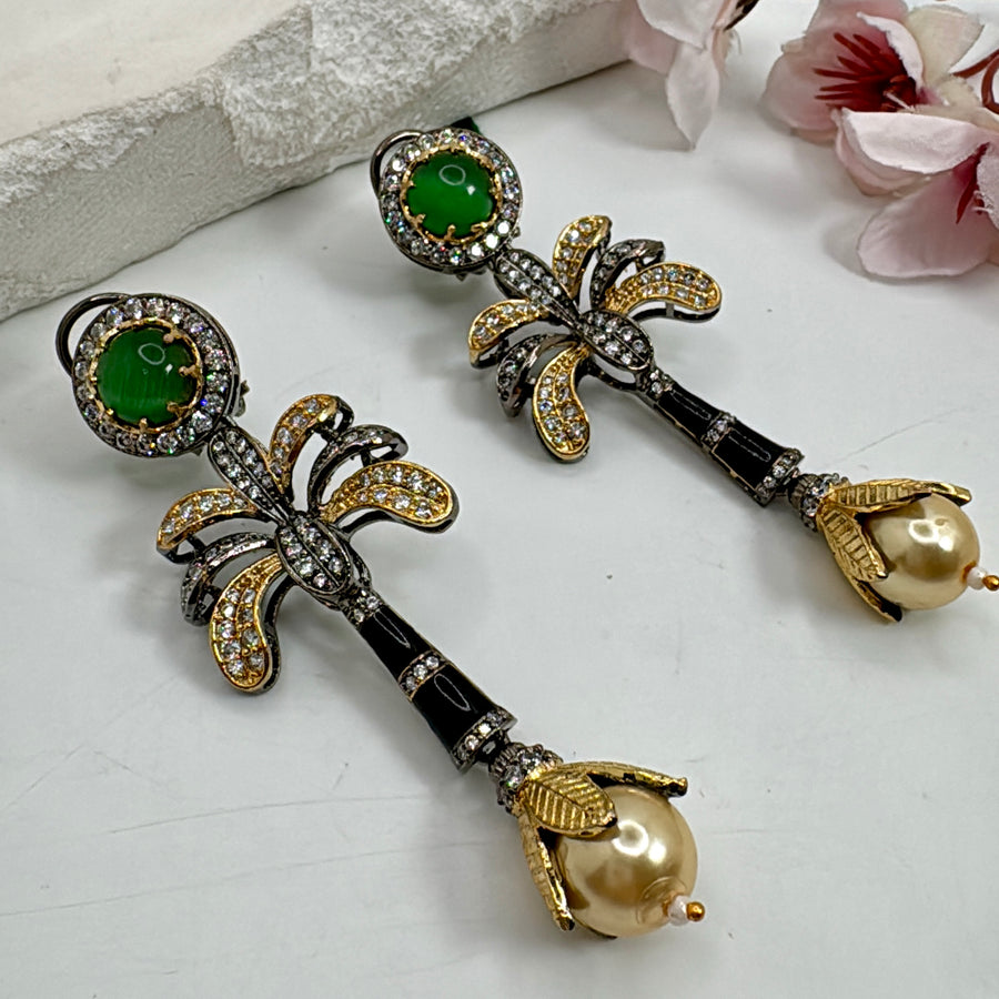 Green Doublet American Diamonds Sabya Inspired Palm Tree American Diamonds Earrings 3.5 inches