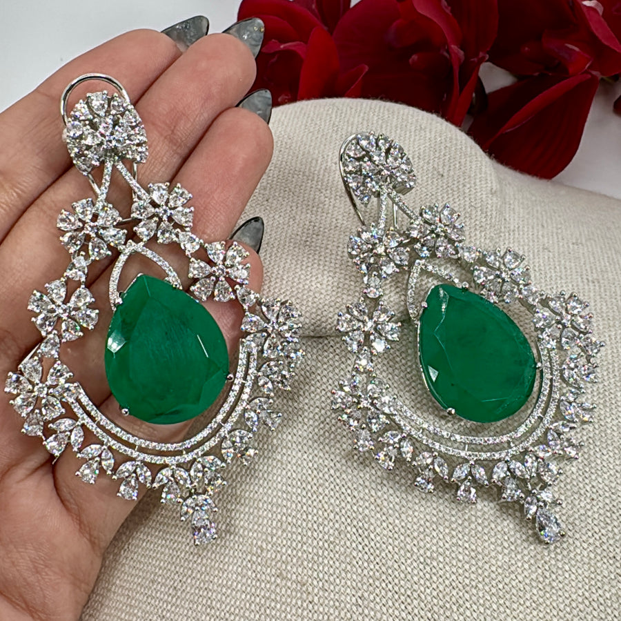 Green Doublet & Cubic Zirconia AAA Cut American Diamonds Statement Earrings (Approx. Length 3 Inches)