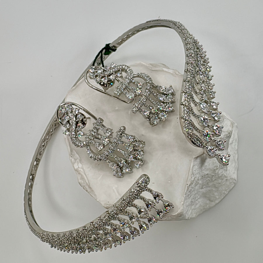Clear AAA Cut Cubic Zirconia Rhodium Plated Chic Collar Choker Necklace Set