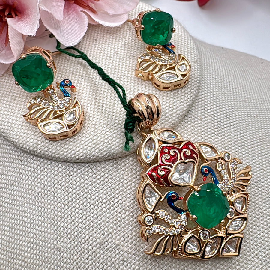 Green Doublet & Blue Meenakari Pendant Set