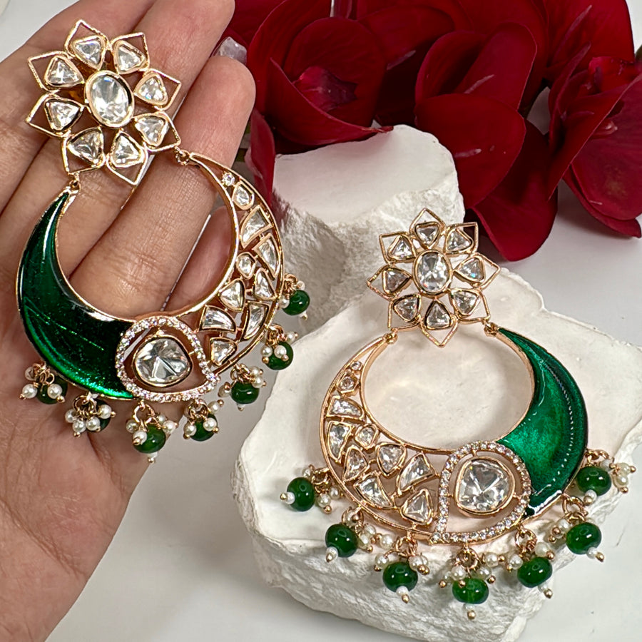 Green Polki Chand Bali Earrings (Approx. Length 2.5 Inches)