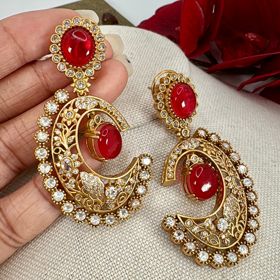 Red Doublet Moissanite Crescent Chand Bali Earrings