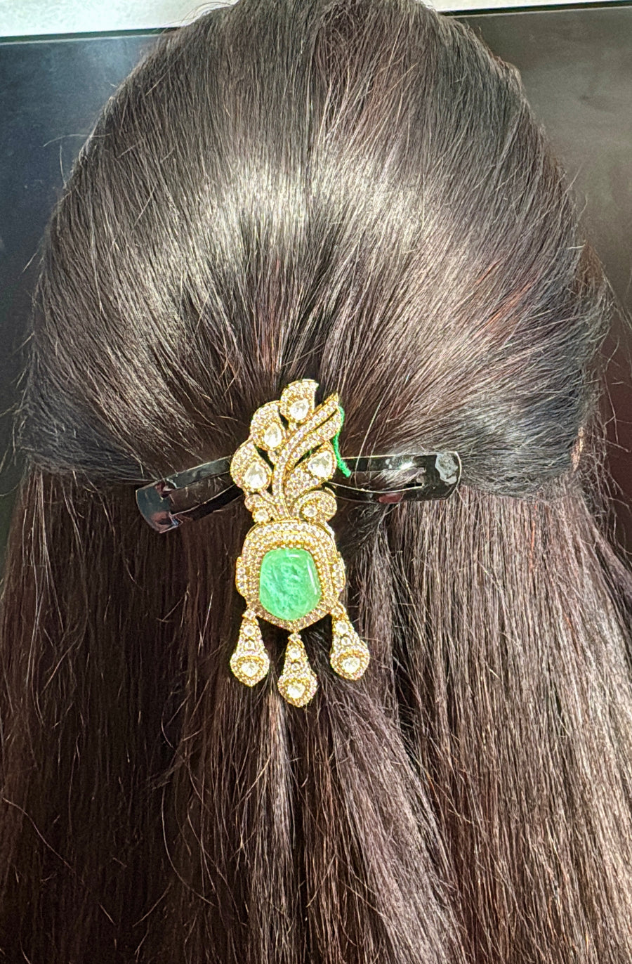 Mint Doublet & Moissanite Kundan Juda Bun Hair Accessory(Can also be worn as Pendant)
