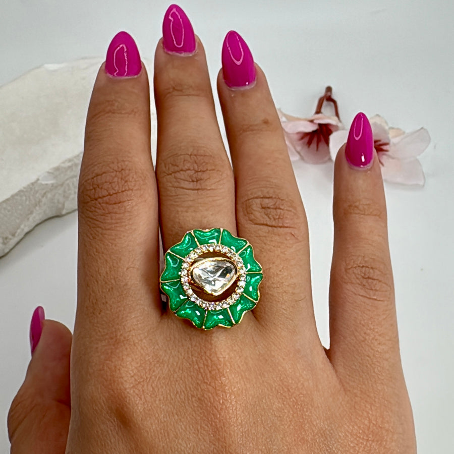 Teal Meenakari Moissanite Adjustable Finger Ring
