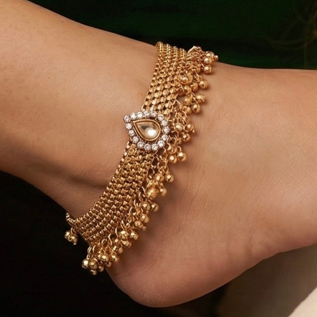 Clear Kundan Gold Anklet Pair