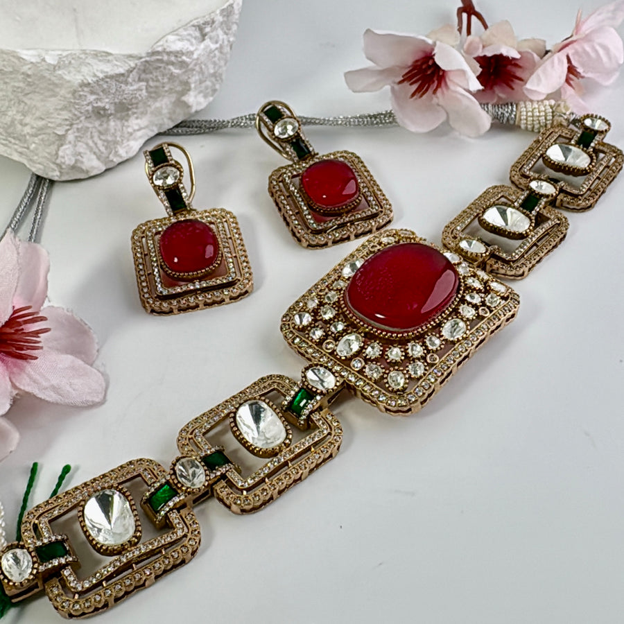 Ruby Red Doublet & Moissanite Choker Necklace Set