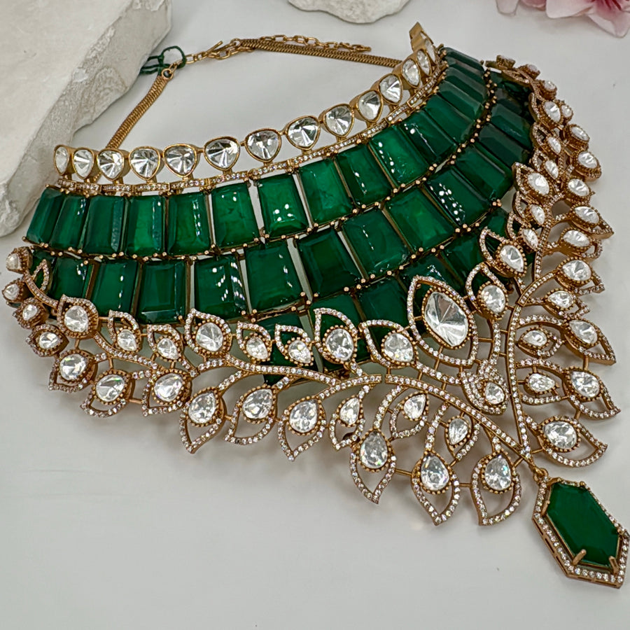 Green Doublet & Moissanite Celebrity Inspired Statement Necklace Set
