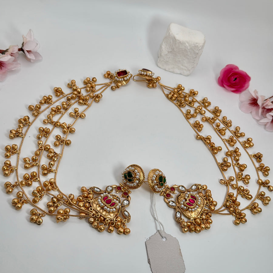 Multi Silver Lookalike Paachi Motifs Gold Sahara Ear Chain Earrings