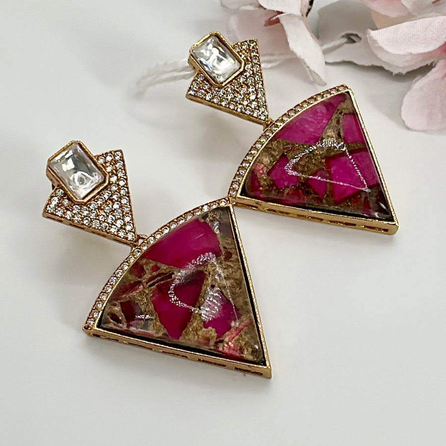 Hot Pink Marble Stone/ Metallic Doublet & Moissanite Earrings