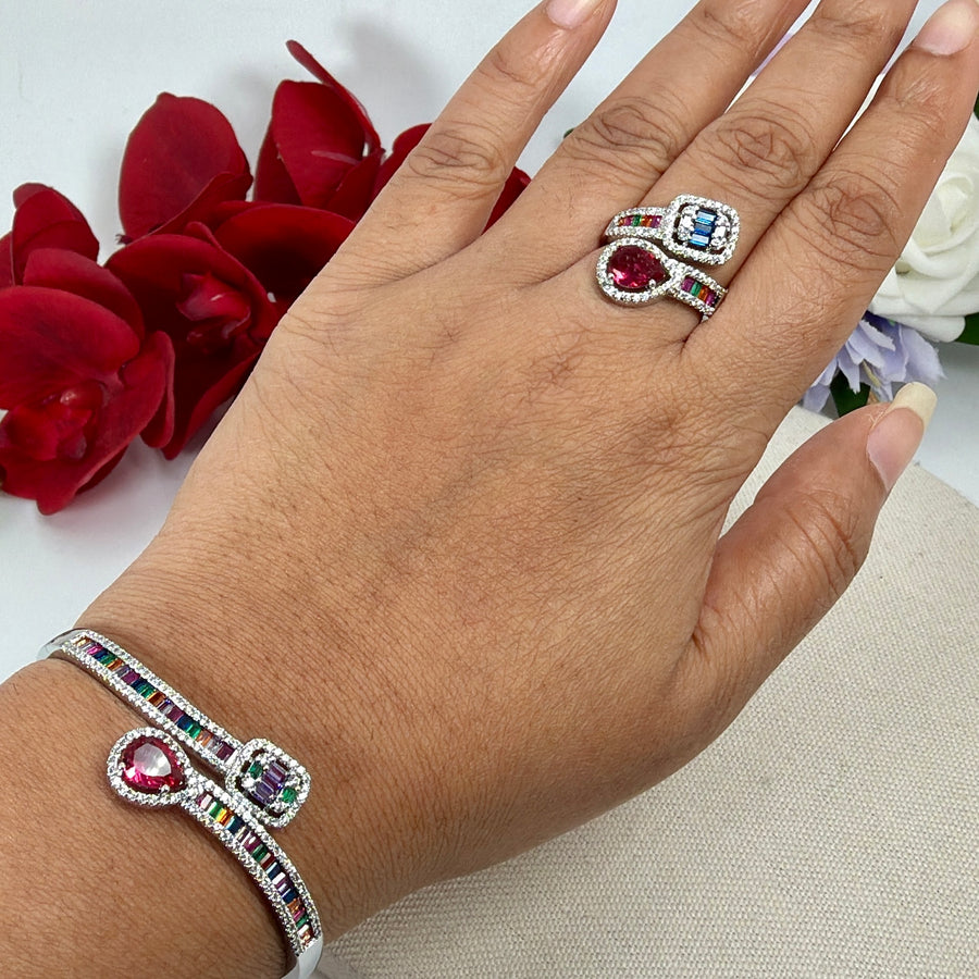 Multi Italian Cubic Zirconia Adjustable Bangle(Fits Size 2.2 to 2.6) & Adjustable Finger Ring
