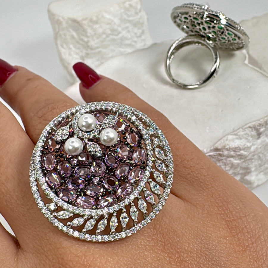 Pink Pave Setting American Diamonds Cubic Zirconia Pearls Round Adjustable Finger Ring