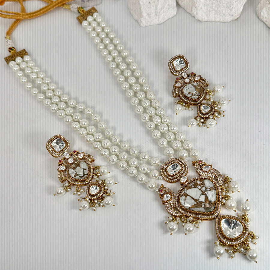 Clear Pearl White Marble Doublet Long Necklace Set