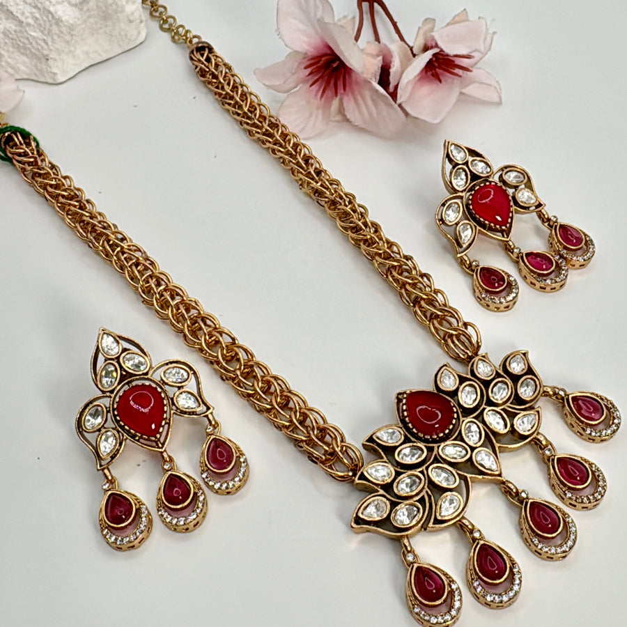 Ruby Moissanite Kundan Necklace Set