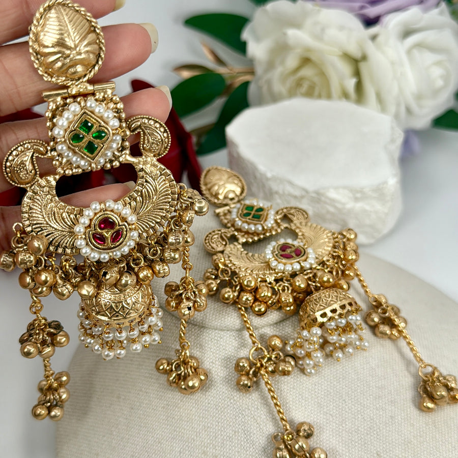 Green Paachi Silver Lookalike Gold Kashmiri Jhumka Earrings