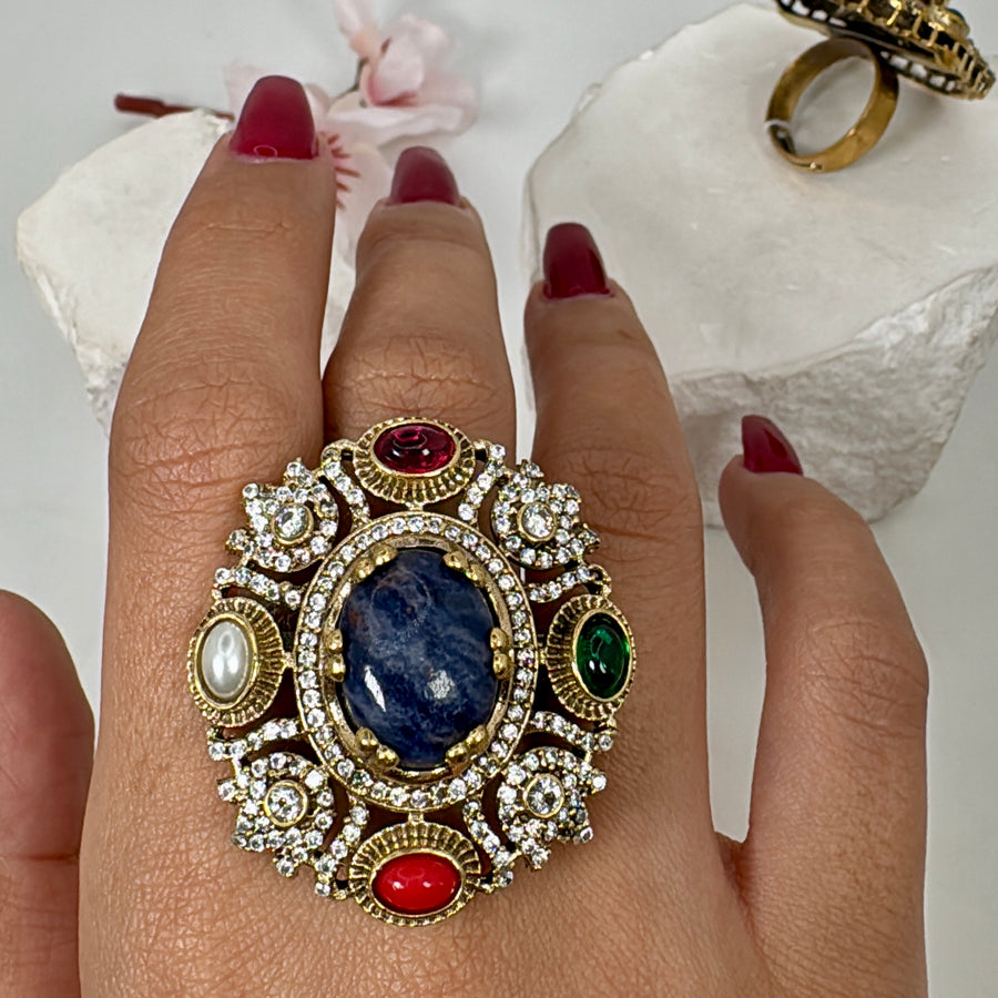 Blue Multi Marble Doublet Sabya Inspired Adjustable Finger Ring