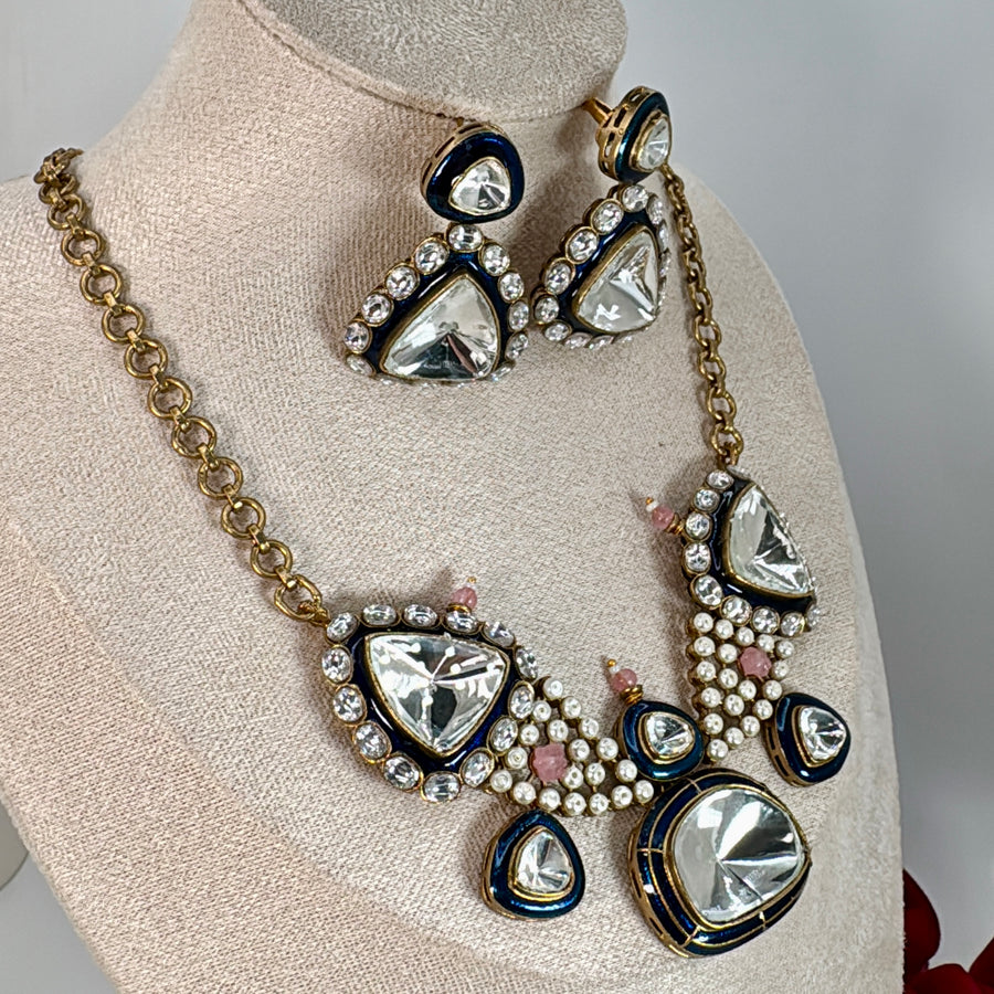 Blue Meenakari Pearl Uncut Kundan Necklace Set