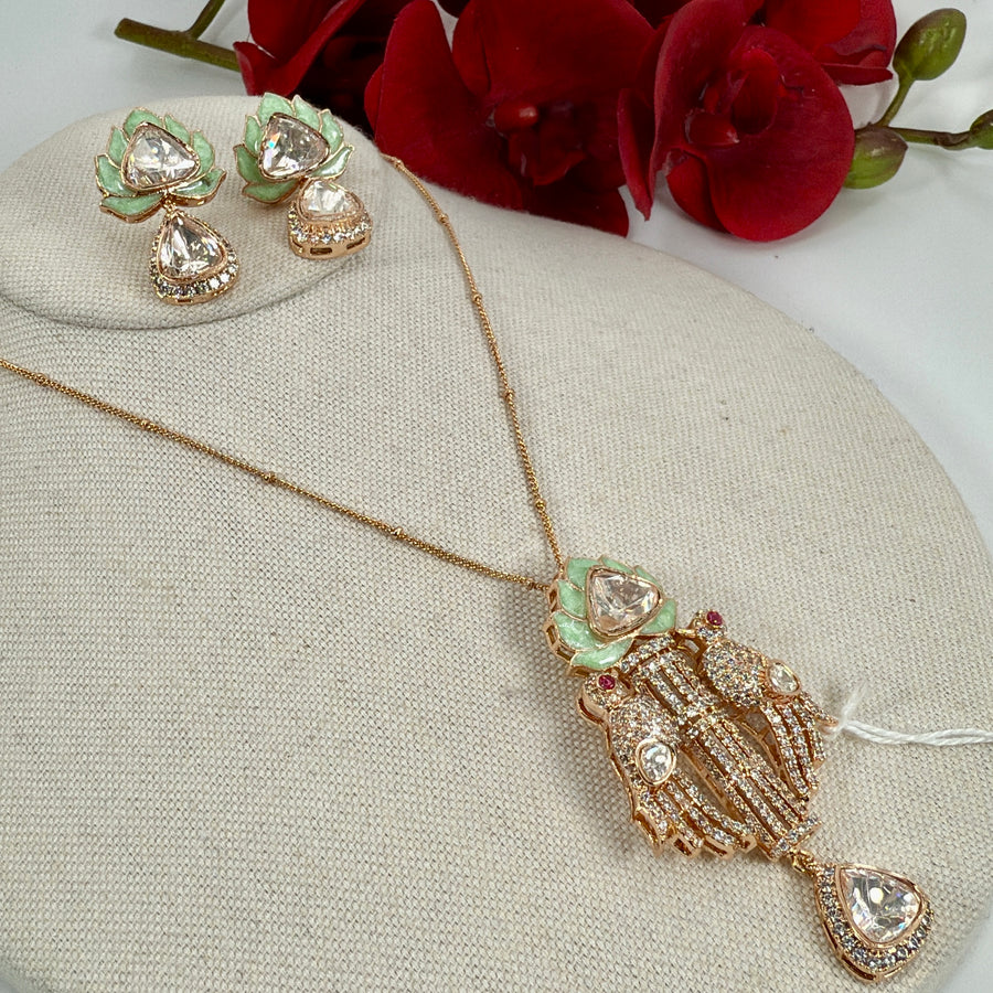 Mint Jadau Moissanite Pendant Necklace Set