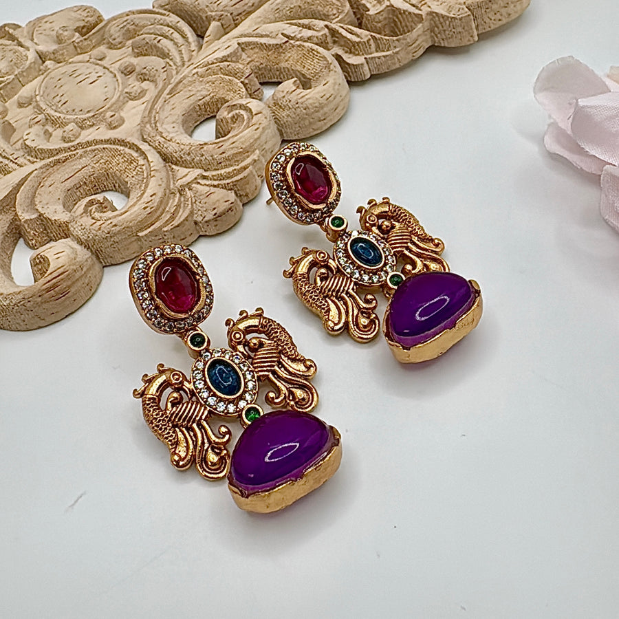 Purple & Ruby Antique Gold Doublet Earrings